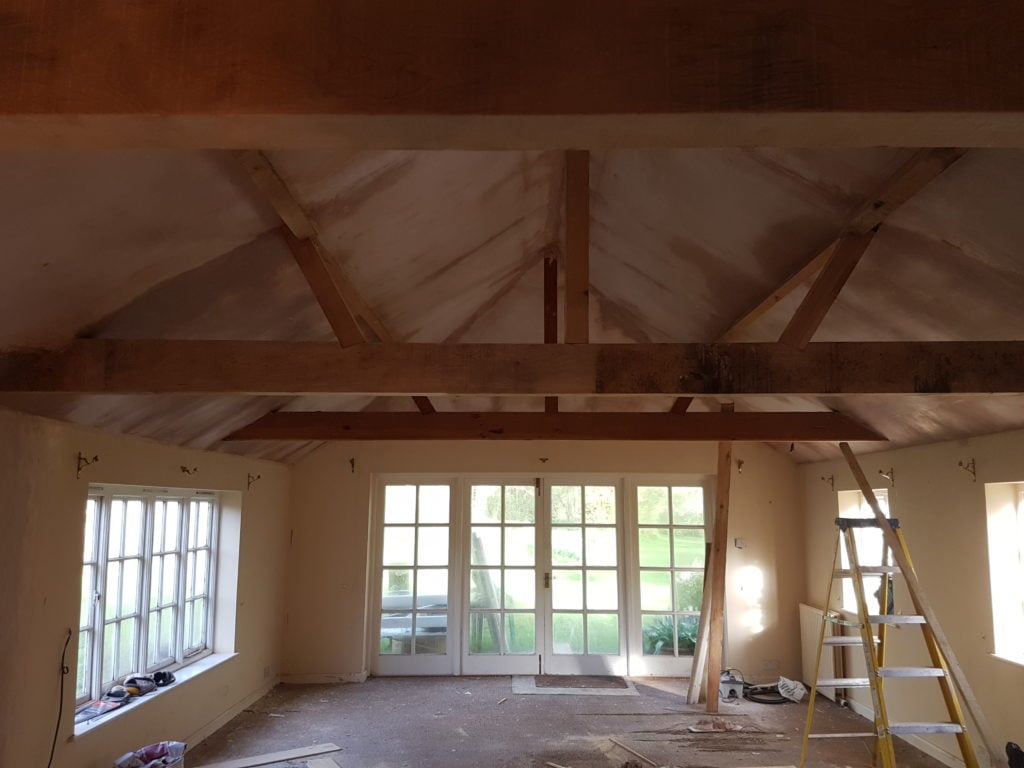 Room conversion, white room, lightwood beans. C.P. Building Contractors, Outdoor Gardening and Landscaping, Extensions, Conversions and renovations, Kitchens and Conservatories, Bricklaying, Roofing and plastering, Painting and Decorating, Block Paving, Patios, Tarmacking and Concreting in Warminster, Westbury and Trowbridge.